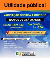 Vacinação para idosos de 78 e 79 anos será na sexta-feira (05) em Rolim de Moura