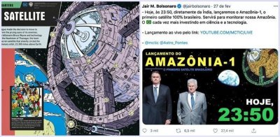 Ao divulgar lançamento do primeiro satélite brasileiro, Bolsonaro usa imagem dos...