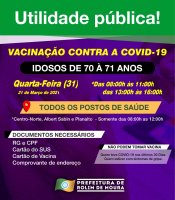 Rolim de Moura: Idosos de 70 e 71 anos serão vacinados na próxima quarta-feira (31)