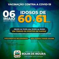 Pessoas com 60 e 61 anos serão vacinadas contra covid-19 nesta quinta (06) em Rolim de...