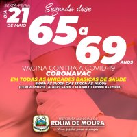 Segunda dose da Coronavac para idosos de 65 a 69 anos ocorrerá na sexta-feira (21) em...