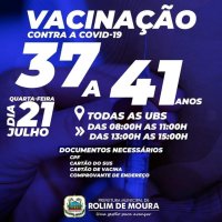 Rolim de Moura: Vacinação contra covid-19 para pessoas com idade entre 37 a 41 anos...