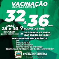 Rolim de Moura: Vacinação contra covid-19 para pessoas com idade entre 32 a 36 anos...