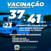 Moradores com idade de 37 e 41 anos do Bairro Cidade Alta poderão receber a vacina...