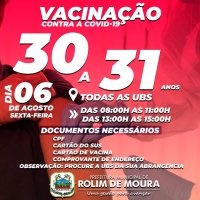 Rolim de Moura: Vacinação contra covid-19 para pessoas com idade entre 30 a 31 anos...
