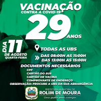 Rolim de Moura: Vacinação contra covid-19 para pessoas com 29 anos de idade será nesta...