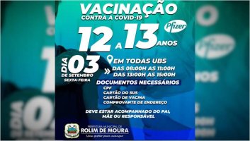 Rolim de Moura: Prefeitura abre vacinação para adolescentes de 12 e 13 anos contra a...