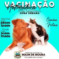 Vacinação antirrábica canina e felina será neste sábado (11) na zona urbana de Rolim...