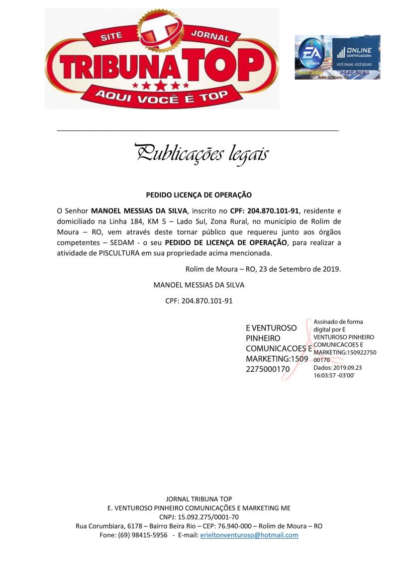 PEDIDO DE LICENÇA DE OPERAÇÃO - MANOEL MESSIAS DA SILVA 
