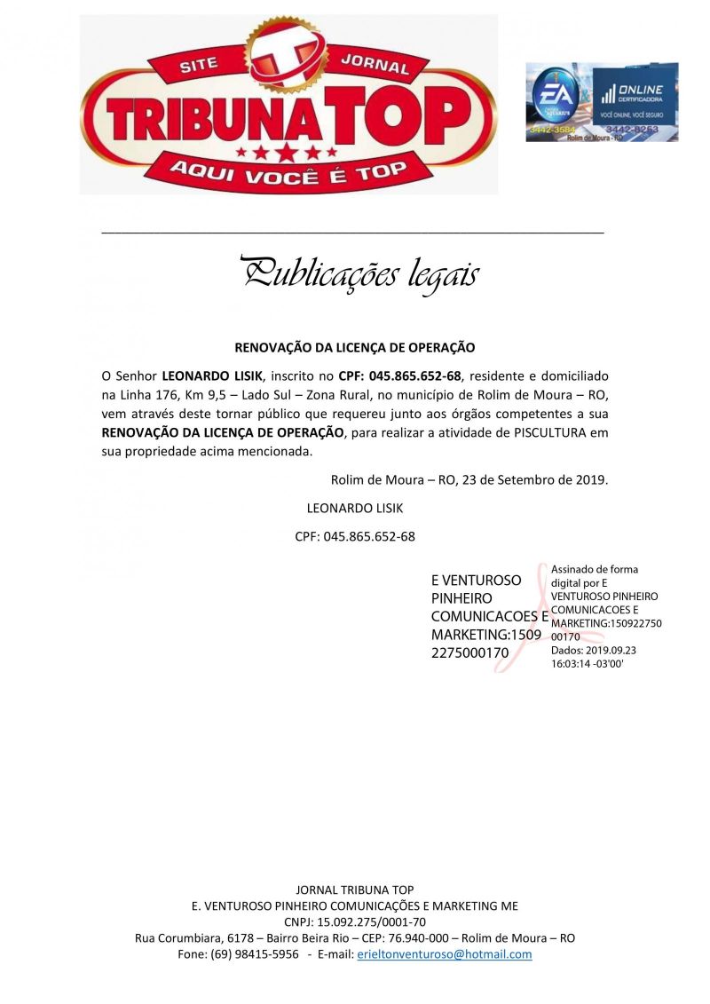 RENOVAÇÃO DA LICENÇA DE OPERAÇÃO - LEONARDO LISIK 