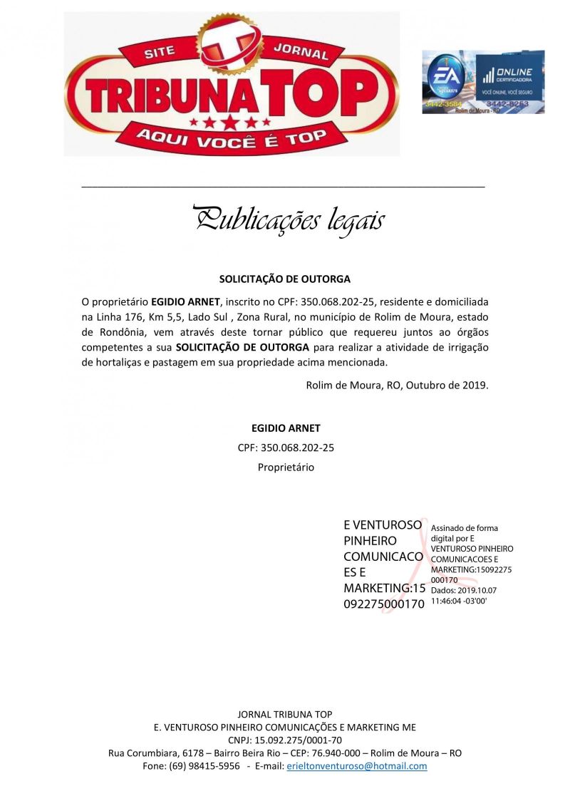 SOLICITAÇÃO DE OUTORGA - EGIDIO ARNET