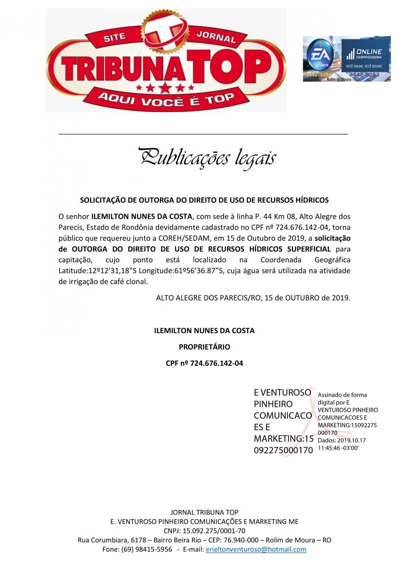 SOLICITAÇÃO DE OUTORGA - ILEMILTON NUNES DA COSTA 