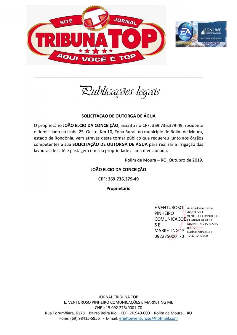 SOLICITAÇÃO DE OUTORGA - JOÃO ELCIO DA CONCEIÇÃO 