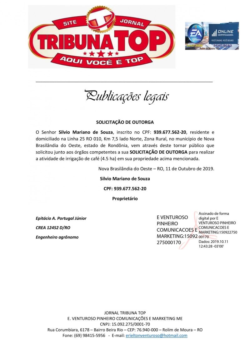SOLICITAÇÃO DE OUTORGA - SILVIO MARIANO DE SOUZA 