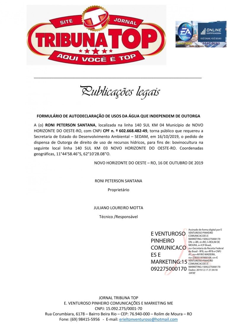 PEDIDO DE DISPENSA DE OUTORGA - RONI PETERSON SANTANA