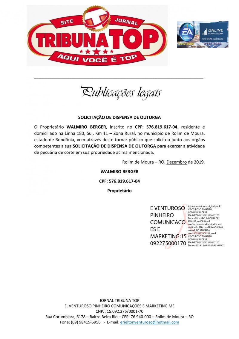 SOLICITAÇÃO DE DISPENSA DE OUTORGA - WALMIRO BERGER