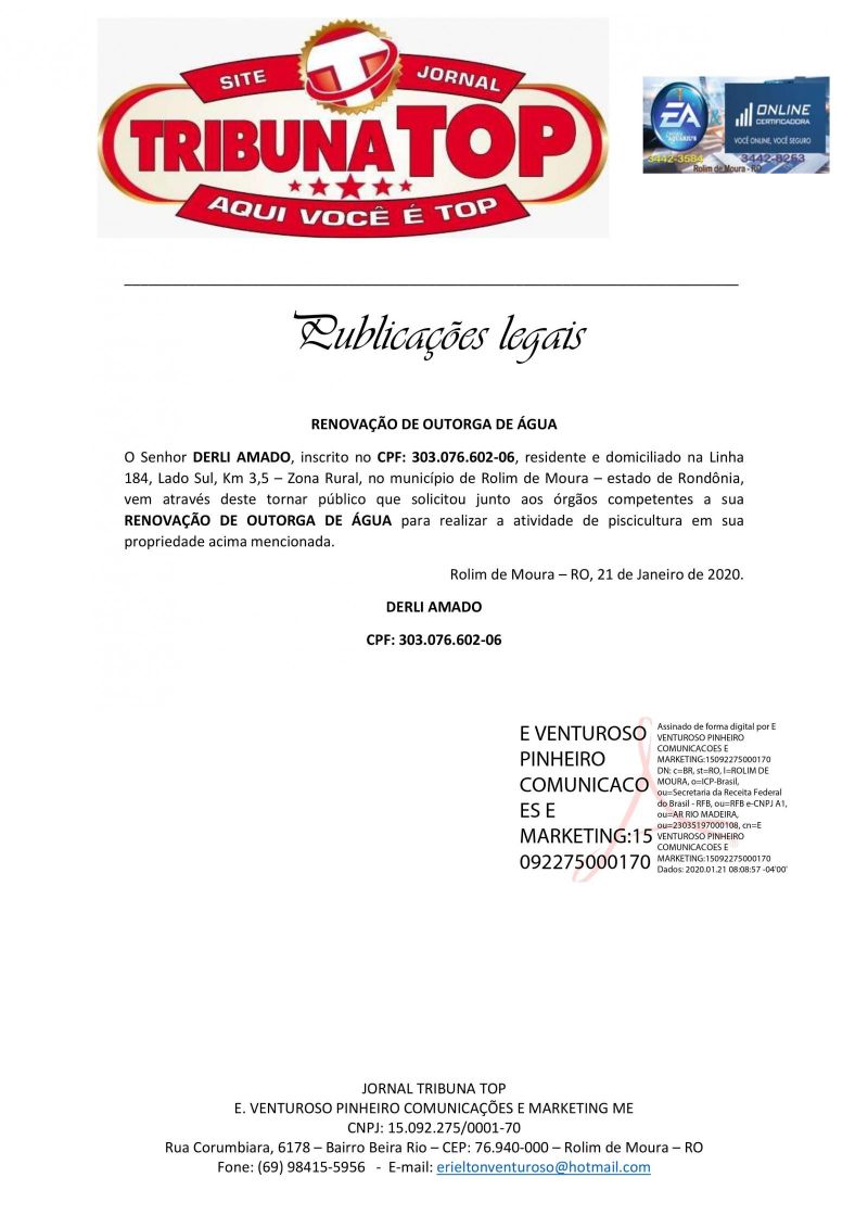 RENOVAÇAO DE OUTORGA DE AGUA - DERLI AMADO 