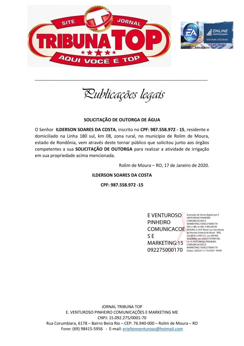  SOLICITAÇÃO DE OUTORGA DE ÁGUA - ILDERSON SOARES DA COSTA