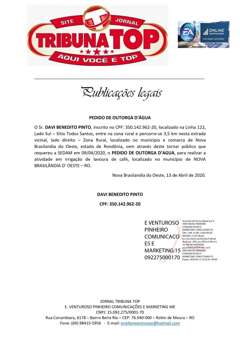 PEDIDO DE OUTORGA D’ÁGUA - DAVI BENEDITO PINTO