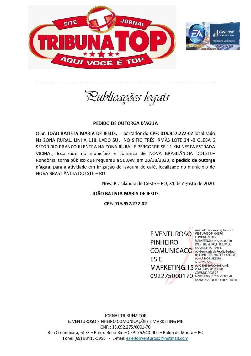 PEDIDO DE OUTORGA D’ÁGUA - JOÃO BATISTA MARIA DE JESUS