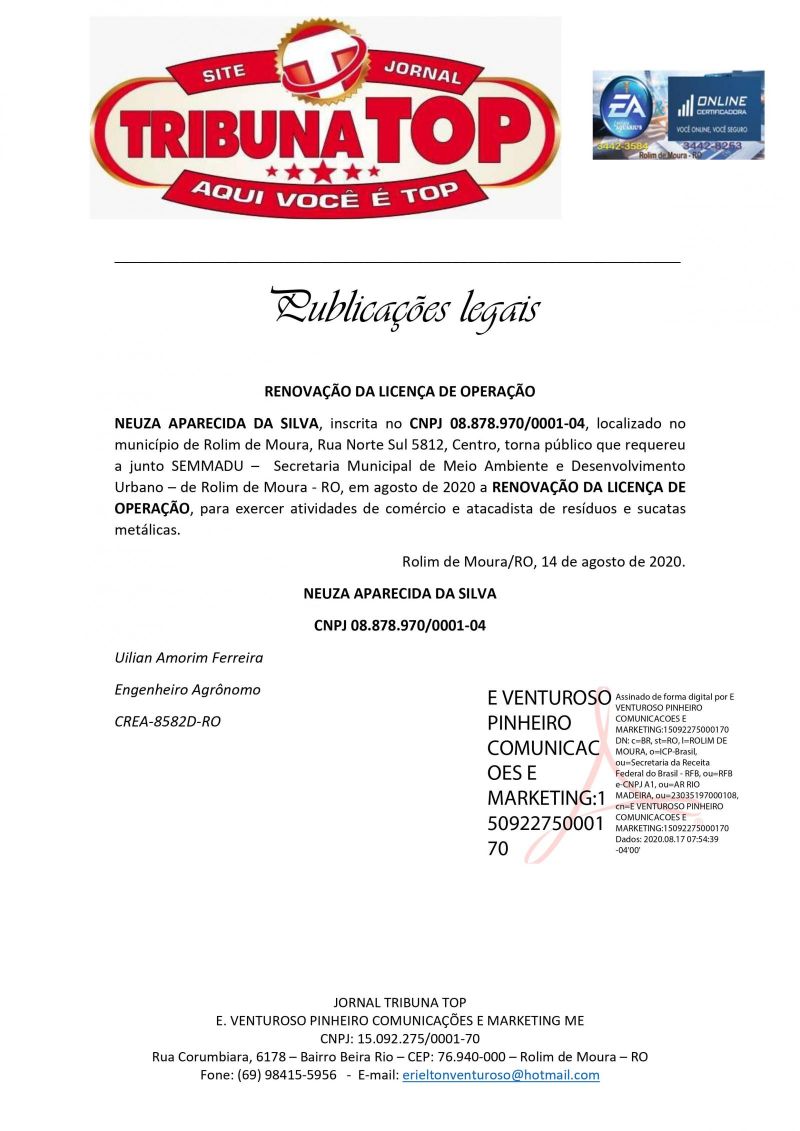 RENOVAÇÃO DA LICENÇA DE OPERAÇÃO - NEUZA APARECIDA DA SILVA