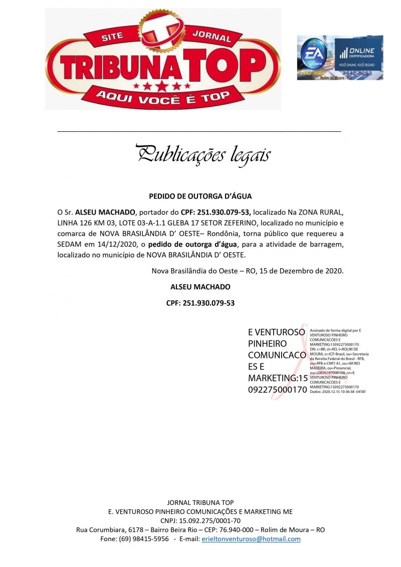 PEDIDO DE OUTORGA DE ÁGUA - ALSEU MACHADO 