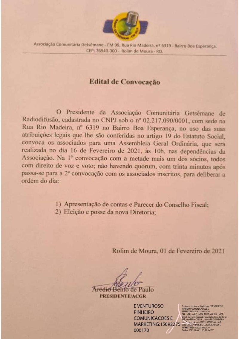 EDITAL DE CONVOCAÇÃO - GETSÊMANE