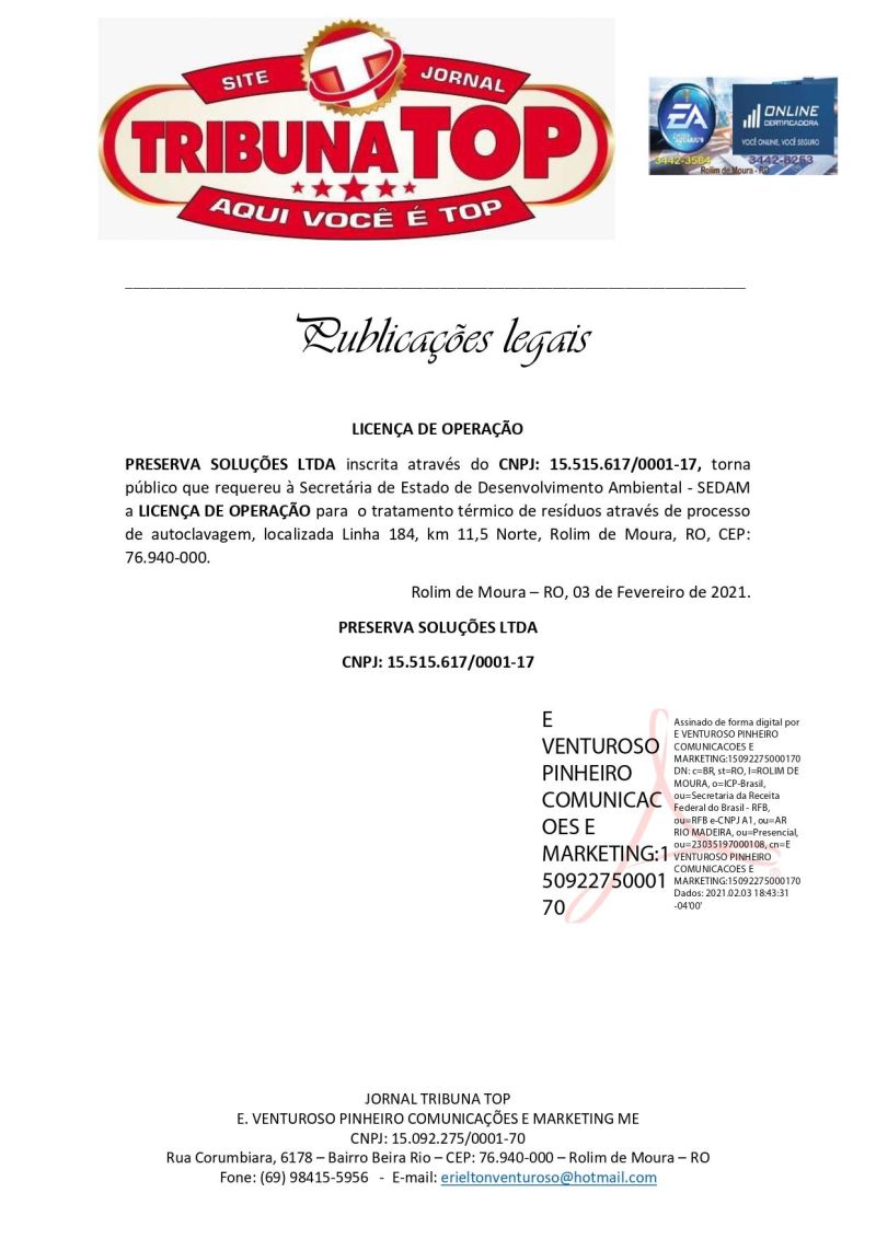 LICENÇA DE OPERAÇÃO - PRESERVA 