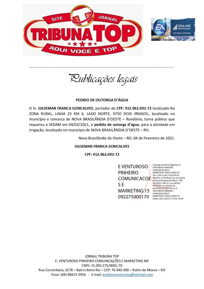 PEDIDO DE OUTORGA DE AGUA - GILSEMAR FRANCA GONCALVES