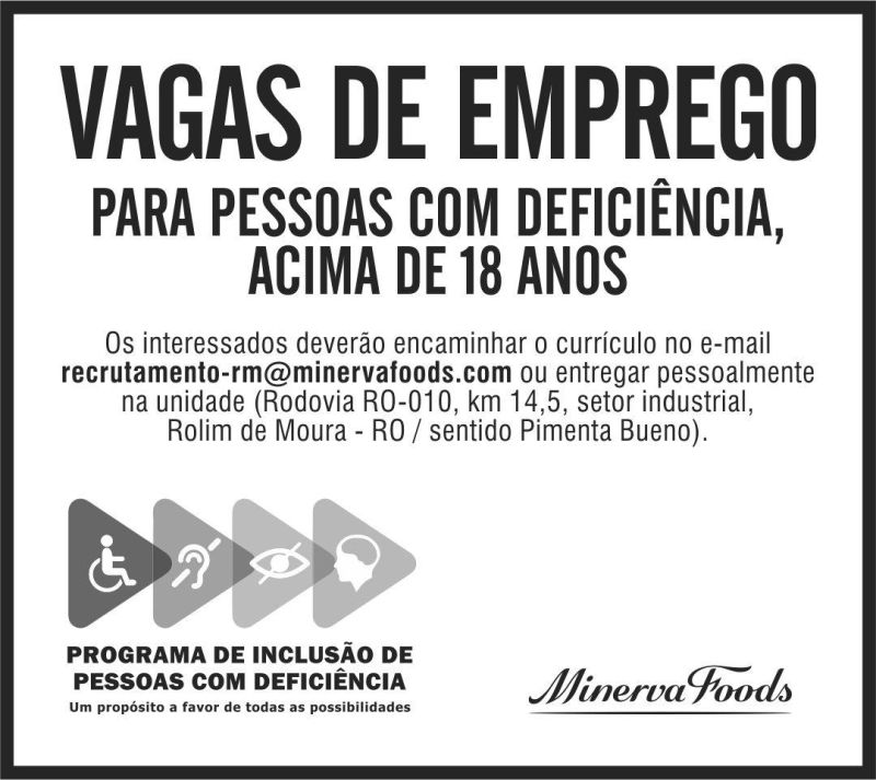 VAGAS DE EMPREGO - PCDs - MINERVA FOODS - DEZEMBRO 2023