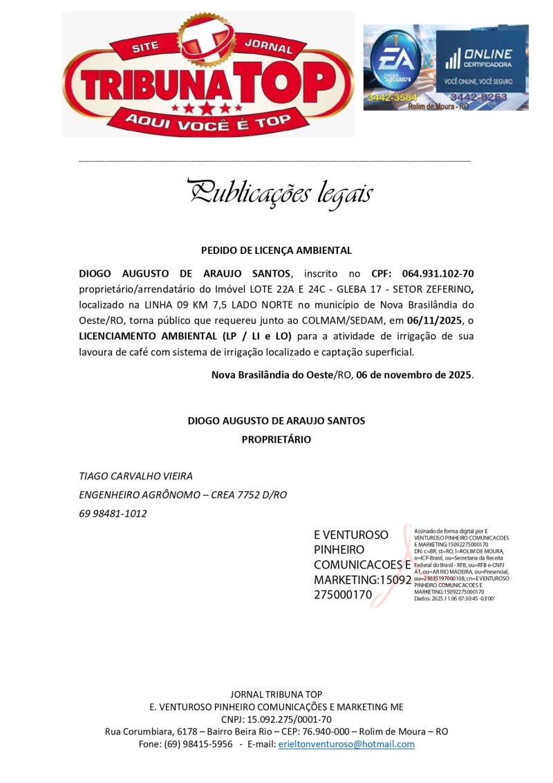PEDIDO DE LICENÇA AMBIENTAL - DIOGO AUGUSTO DE ARAUJO SANTOS