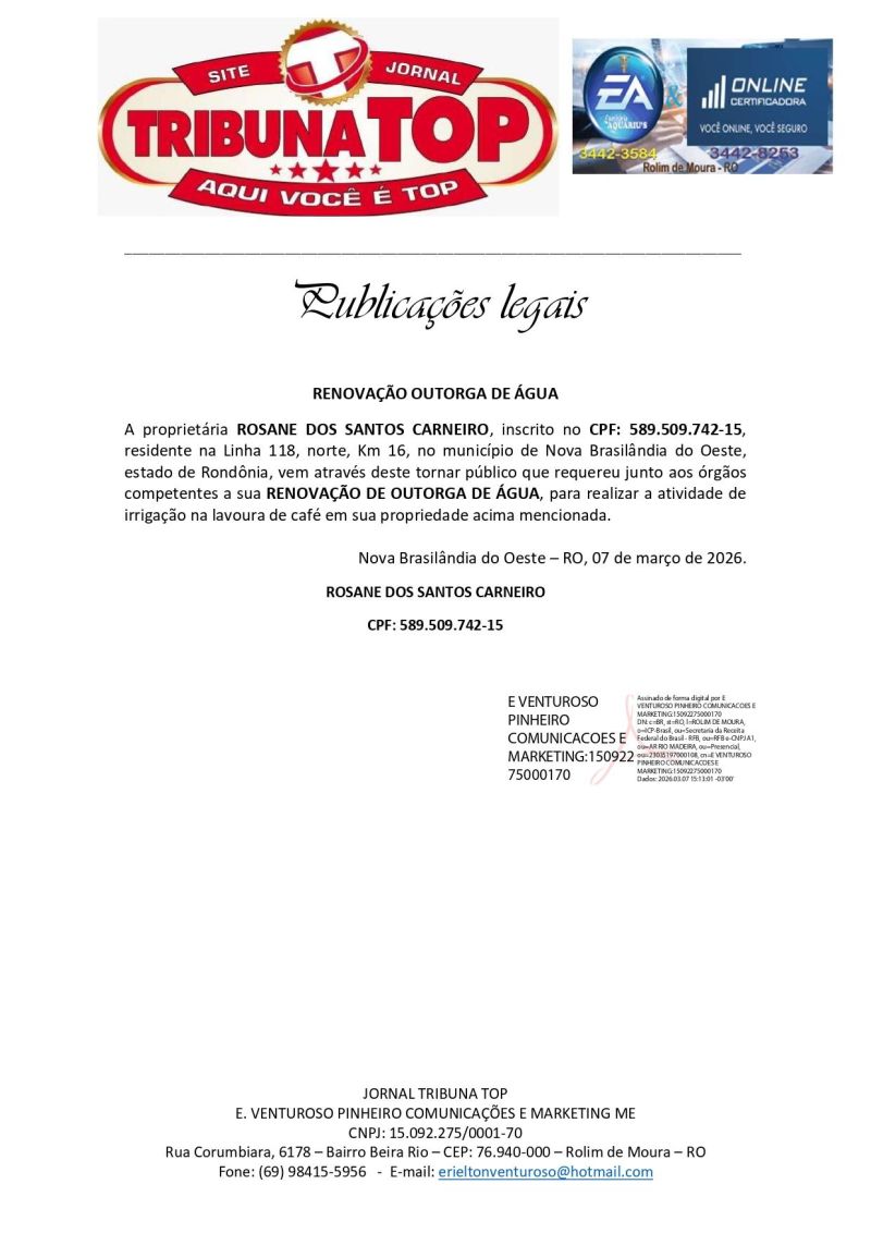 RENOVAÇÃO OUTORGA DE ÁGUA - ROSANE DOS SANTOS CARNEIRO