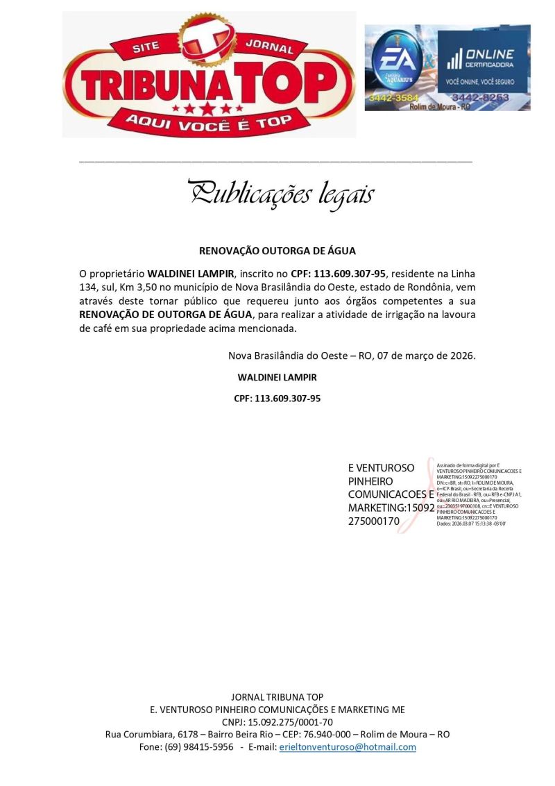 RENOVAÇÃO OUTORGA DE ÁGUA - WALDINEI LAMPIR