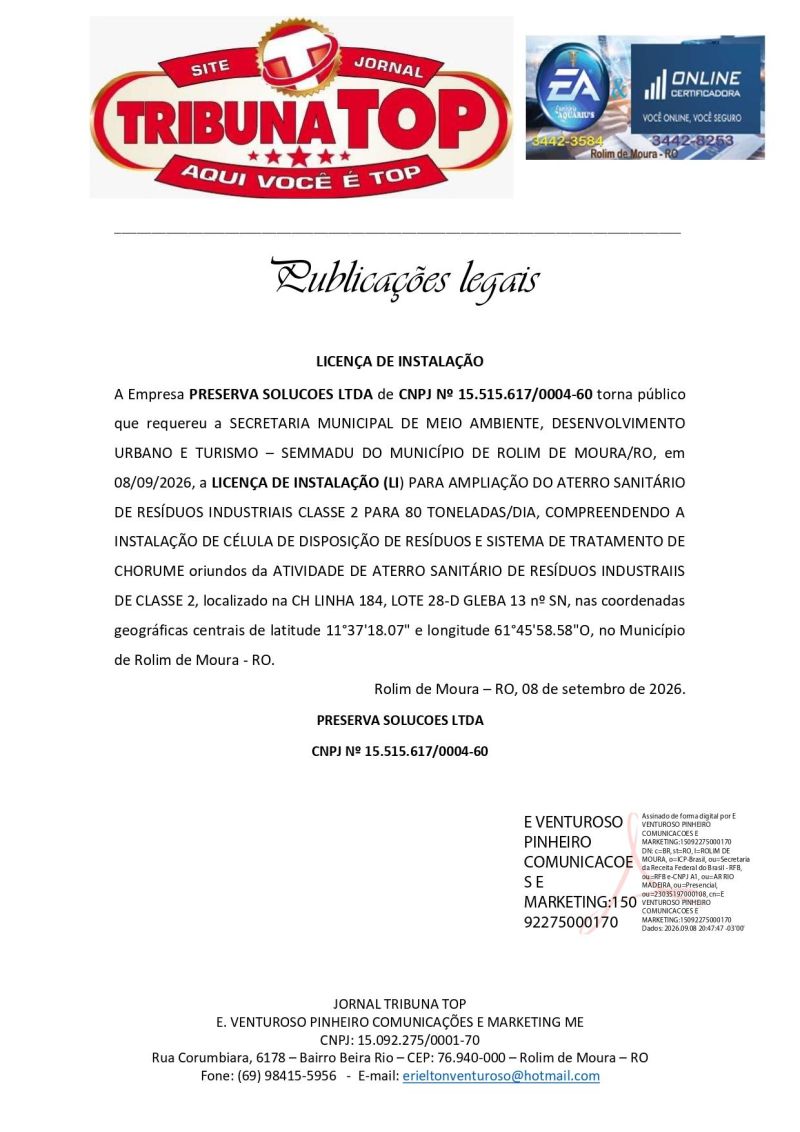 LICENÇA DE INSTALAÇÃO  - PRESERVA SOLUCOES LTDA 