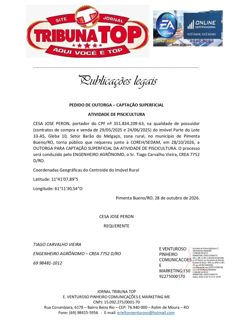 PEDIDO DE OUTORGA – CAPTAÇÃO SUPERFICIAL - CESA JOSE PERON