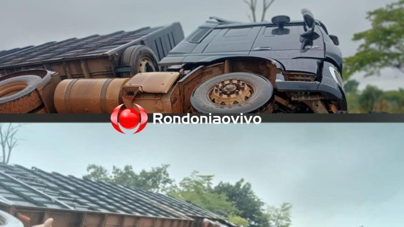 Carreta tomba após motorista perder controle da direção durante chuva Carreta tomba após motorista perder controle da direção durante chuva