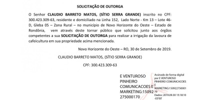 SOLICITAÇÃO DE OUTORGA - CLAUDIO BARRETOS MATOS