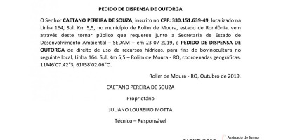 PEDIDO DE DISPENSA DE OUTORGA -  CAETANO PEREIRA DE SOUZA