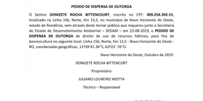 PEDIDO DE DISPENSA DE OUTORGA - DONIZETE ROCHA BITTENCOURT, 