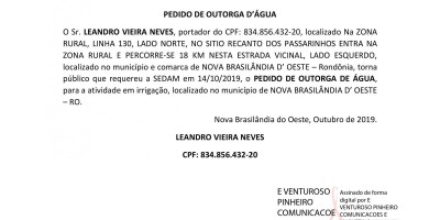 PEDIDO DE OUTORGA D’ÁGUA - LEANDRO VIEIRA NEVES