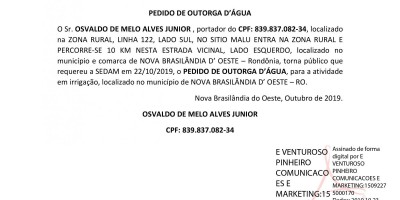 PEDIDO DE OUTORGA D’ÁGUA  - OSVALDO DE MELO ALVES JUNIOR 