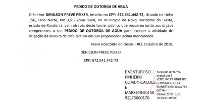 PEDIDO DE OUTORGA DE ÁGUA - DENILSON PREVE PEIXER