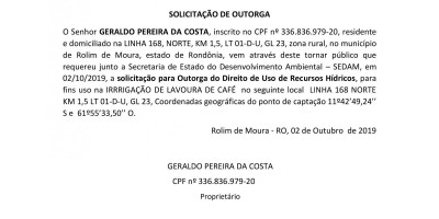 SOLICITAÇÃO DE OUTORGA - GERALDO PEREIRA DA COSTA