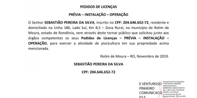 PEDIDOS DE LICENÇAS - PRÉVIA - INSTALAÇÃO E OPERAÇÃO - SEBASTIÃO PEREIRA DA SILVA