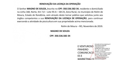  RENOVAÇÃO DA LICENÇA DA OPERAÇÃO - MAGNO DE SOUZA