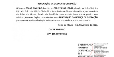 RENOVAÇÃO DA LICENÇA DE OPERAÇÃO - OSCAR PINHEIRO 