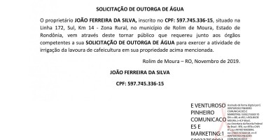 SOLICITAÇÃO DE OUTORGA DE ÁGUA  -  JOÃO FERREIRA DA SILVA