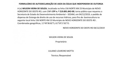 PEDIDO DE DISPENSA DE OUTORGA - WILSON VIEIRA DE SOUZA