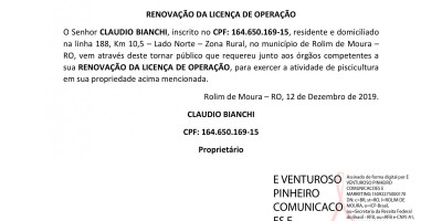 RENOVAÇÃO DA LICENÇA DE OPERAÇÃO - CLAUDIO BIANCHI 
