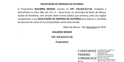 SOLICITAÇÃO DE DISPENSA DE OUTORGA - WALMIRO BERGER